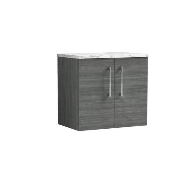 Balterley Level 600mm Wall Hung 2 Door & Laminate Worktop - Anthracite Woodgrain in Grey