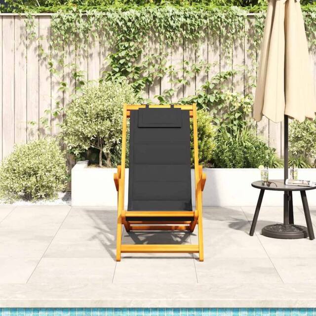 Berkfield Home Beautiful Folding Beach Chair with Armrests Black Acacia Wood & T - image 1
