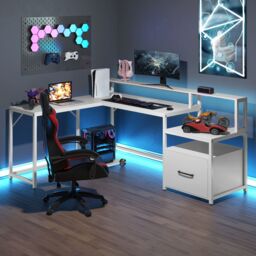 Gymax L-shaped Desk Desk With File Drawer & Power Outlet Home Office in White - thumbnail 3