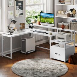 Gymax L-shaped Desk Desk With File Drawer & Power Outlet Home Office in White - thumbnail 6