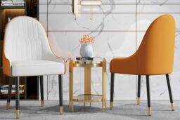 Hygrad Built to Survive 2 Piece Set Accent Armchair, Fire Resistant Pu Leather Dining Chairs Padded Seat With Mental Black Legs & Gold Horns in White