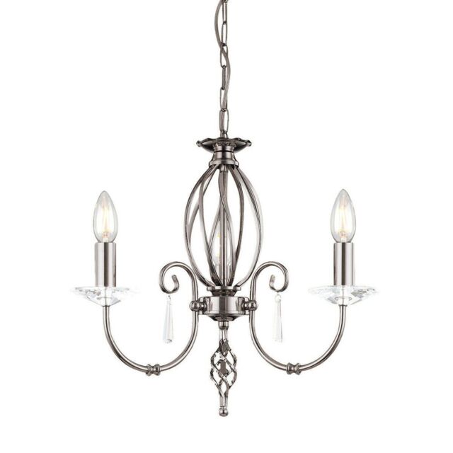 Loops 3 Bulb Chandelier Cut Glass Droplets Curved Stem Polished Nickel LED E14 60W in Metallics