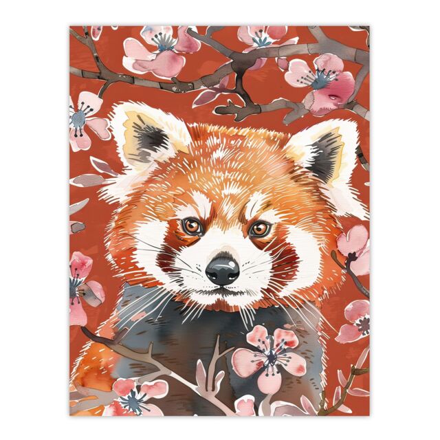 "Artery8 Red Panda Cherry Blossom Tree Branch Watercolour Wall Art Print - Size: W24"" x H32""" - image 1