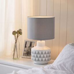 Orsina White Table Lamp, Ribbed Ceramic Base With Gloss Finish, Neutral Fabric Shade Diffuses Light Gently in Grey - thumbnail 2