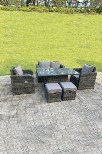 Fimous Rattan Outdoor Lifting Adjustable Dining Or Coffee Table Sets Love Sofa Reclining Chairs Footstools in Dark Grey - image 1