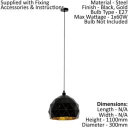 Loops Pendant Ceiling Light Colour Black Faceted Gold Inner Shade Bulb E27 1x60W - thumbnail 2