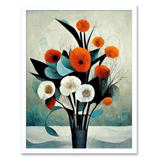 "Artery8 Wall Art Print Flowers Floral Display Bouquet Modern Abstract Teal Orange Art Framed in White - Size: W12"" x H16""" - image 1