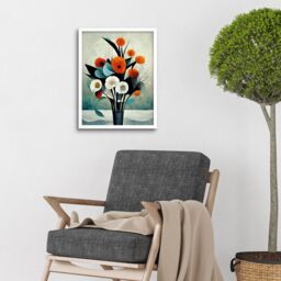 "Artery8 Wall Art Print Flowers Floral Display Bouquet Modern Abstract Teal Orange Art Framed in White - Size: W12"" x H16""" - thumbnail 2