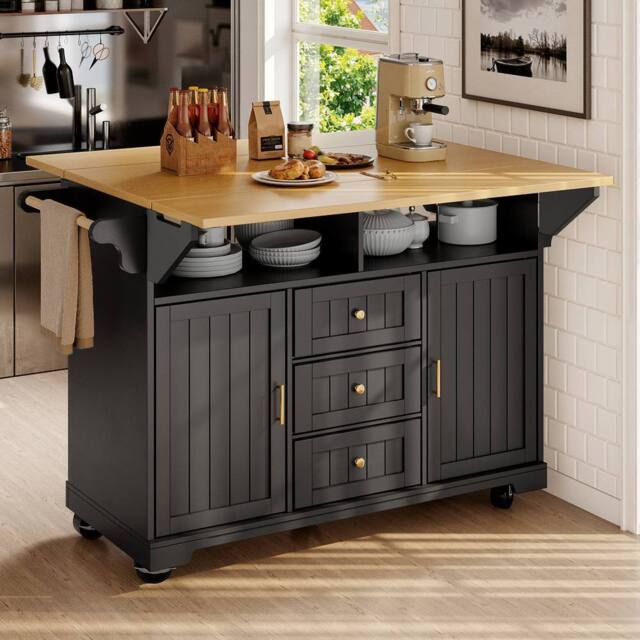 BTM Kitchen Island Trolley Cabinet Extendable Storage Drawers Black - image 1
