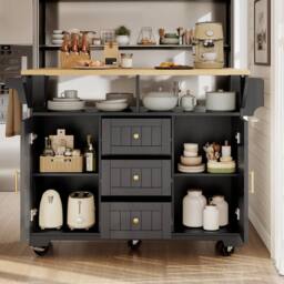 BTM Kitchen Island Trolley Cabinet Extendable Storage Drawers Black - thumbnail 2