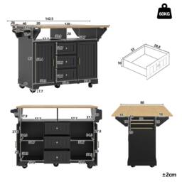BTM Kitchen Island Trolley Cabinet Extendable Storage Drawers Black - thumbnail 5