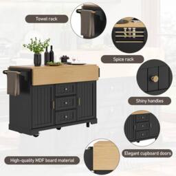 BTM Kitchen Island Trolley Cabinet Extendable Storage Drawers Black - thumbnail 7