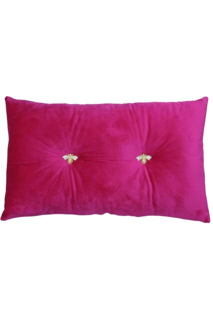 Paoletti Bumble Bee Embroidered Buttoned Velvet Ready Filled Cushion in Fuchsia - Size: 30 cm x 50 cm - image 1