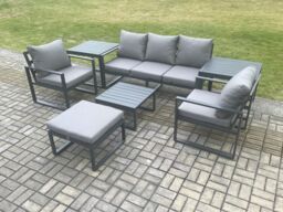 Fimous Aluminium 6 Seater Outdoor Lounge Sofa Set Garden Furniture Sets with Square Coffee Table Chair Big Footstool 2 Side Tables Dark Grey - thumbnail 1