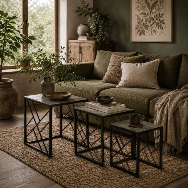 Wyld Haus Safi Set of 3 Grey Square Nesting Side Tables with Black Metal Frame - image 1