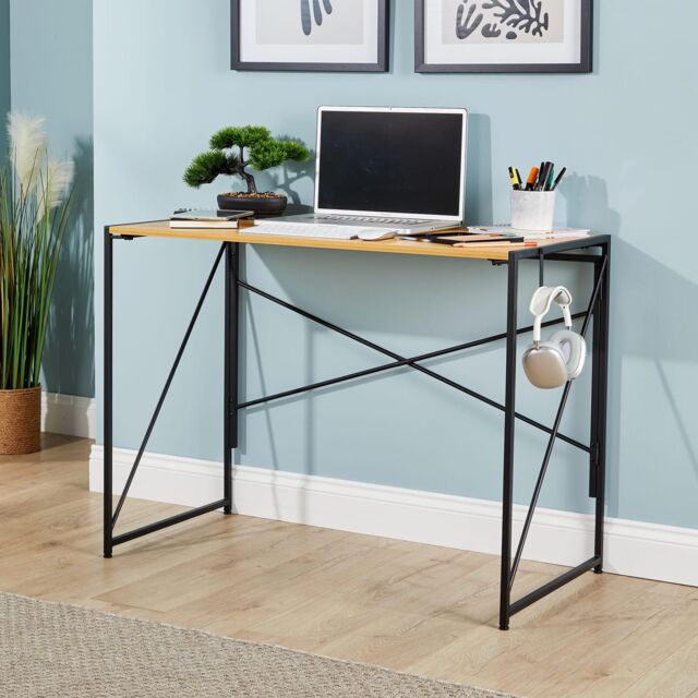 Home Source Folding Compact Desk Storage Hook Wood Metal Office Computer Table in Light Oak - image 1