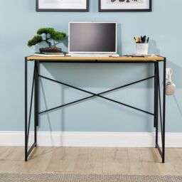 Home Source Folding Compact Desk Storage Hook Wood Metal Office Computer Table in Light Oak - thumbnail 3
