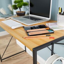 Home Source Folding Compact Desk Storage Hook Wood Metal Office Computer Table in Light Oak - thumbnail 6