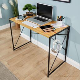 Home Source Folding Compact Desk Storage Hook Wood Metal Office Computer Table in Light Oak - thumbnail 4