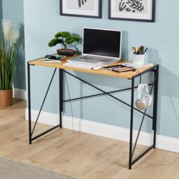 Home Source Folding Compact Desk Storage Hook Wood Metal Office Computer Table in Light Oak - thumbnail 2