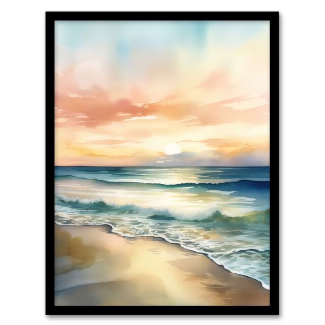 Artery8 Wall Art Print Simple Serene Seashore Sunset Scarlet Sky Sublime Scenic Seascape Art Framed in Blue - Size: A4 - image 1