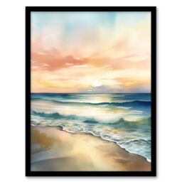 Artery8 Wall Art Print Simple Serene Seashore Sunset Scarlet Sky Sublime Scenic Seascape Art Framed in Blue - Size: A4 - thumbnail 1