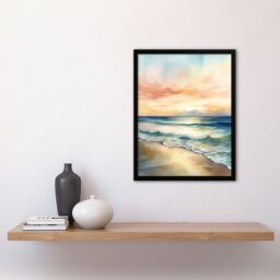 Artery8 Wall Art Print Simple Serene Seashore Sunset Scarlet Sky Sublime Scenic Seascape Art Framed in Blue - Size: A4 - thumbnail 4