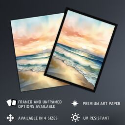 Artery8 Wall Art Print Simple Serene Seashore Sunset Scarlet Sky Sublime Scenic Seascape Art Framed in Blue - Size: A4 - thumbnail 2