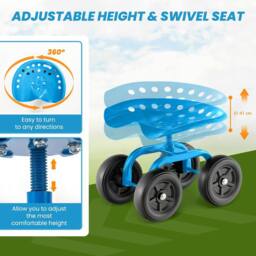 Costway Garden Cart Rolling Workseat Rolling Stool Cart w/360°Swivel Seat-Blue in Blue - thumbnail 6