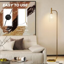 HOMCOM Modern Floor Lamp with Glass Lampshade, Foot Switch for Living Room in Gold - thumbnail 5