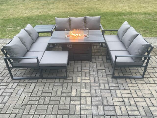 Fimous Aluminium 10 Seater Garden Furniture Outdoor Set Patio Lounge Sofa Gas Fire Pit Dining Table Set with Big Footstool Side Table in Dark Grey - image 1