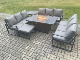 Fimous Aluminium 10 Seater Garden Furniture Outdoor Set Patio Lounge Sofa Gas Fire Pit Dining Table Set with Big Footstool Side Table in Dark Grey - thumbnail 2
