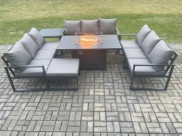 Fimous Aluminium 10 Seater Garden Furniture Outdoor Set Patio Lounge Sofa Gas Fire Pit Dining Table Set with Big Footstool Side Table in Dark Grey - thumbnail 1