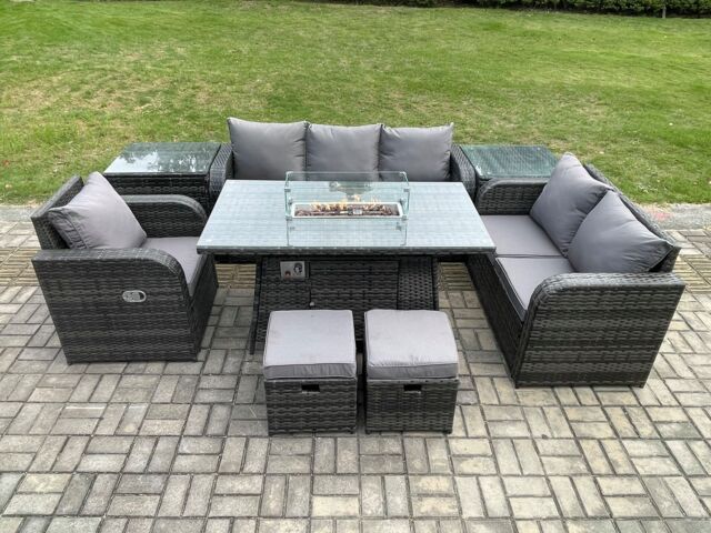 Fimous Garden Patio Furniture Wicker Rattan Gas Fire Pit Table & Sofa Chair set with 2 Side Tables 2 Small Footstool in Dark Grey - image 1