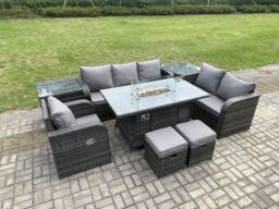 Fimous Garden Patio Furniture Wicker Rattan Gas Fire Pit Table & Sofa Chair set with 2 Side Tables 2 Small Footstool in Dark Grey - thumbnail 3