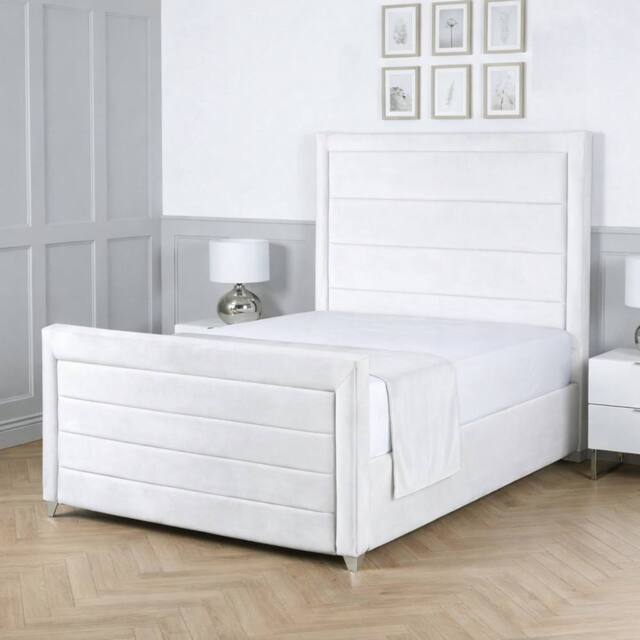Living Comfort Bedz Selena Plush Velvet Upholstered Bed Slatted Base with 48Inch Headboard in White - Size: Super King - image 1