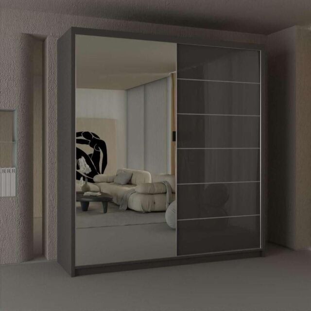 Sliding Wardrobes 4U Fusion High Gloss Sliding Mirror Door Wardrobe 180cm X 200cm in Grey - Size: 180 cm X 200 cm - image 1
