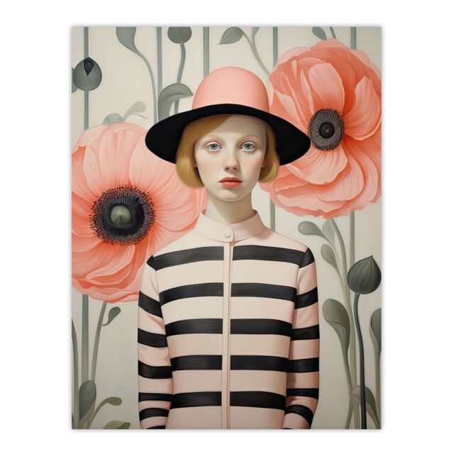 "Artery8 Wall Art Print Call me Poppy Magic Realism Oil Painting Pastel Colour Pink Green Young Woman Retro Floral Portrait Poster - Size: W18"" x H24""" - image 1