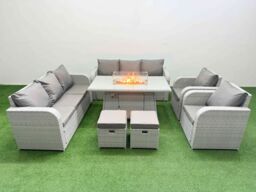 Fimous PE Rattan High Back Lounge Sofa Set Patio Firepit Dining Table & Chairs Set with 3 Seater Sofa Reclining Chair Stools Light Grey - thumbnail 1