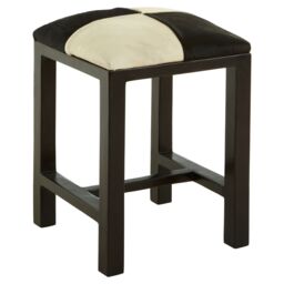 Orsina Black & White Leather Stool, Natural Teak Wood Bar Stool, Black Finished Seat, Leather Seat For Outdoor Patio