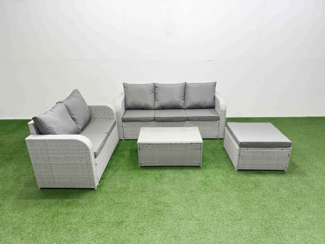 Fimous 6 Seater PE Rattan Wicker Garden Furniture Patio Conservatory Sofa Set with Rectangular Coffee Table 3 Seater Sofa Love Sofa Big Footstool - image 1