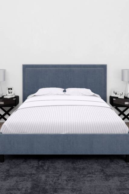 Neel Blue 300TC Cotton Fitted Sheet, White Satin Stripe, Super King, 180x200x30cm - Size: Super King - image 1