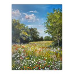 "Artery8 Summer Wildflower Meadow Landscape Summer Oil Wall Art Print in Green - Size: W18"" x H24""" - thumbnail 1