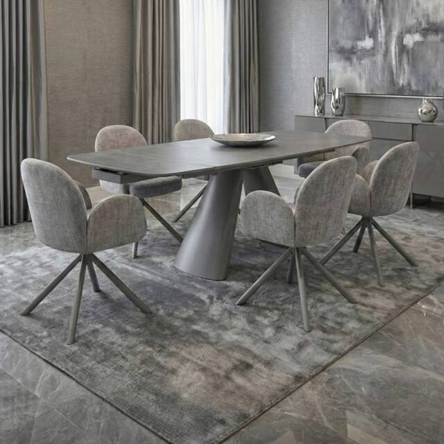HOME LUXE INTERIOR Gstaad Grey Ceramic Extending Dining Set 6 Swivel Chairs 160-240cm - image 1