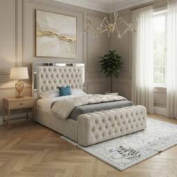 KDMD Redesdale Mirror Upholstered Beige Soft Velvet Designer Bed Frame in Cream - Size: Small Double - thumbnail 1