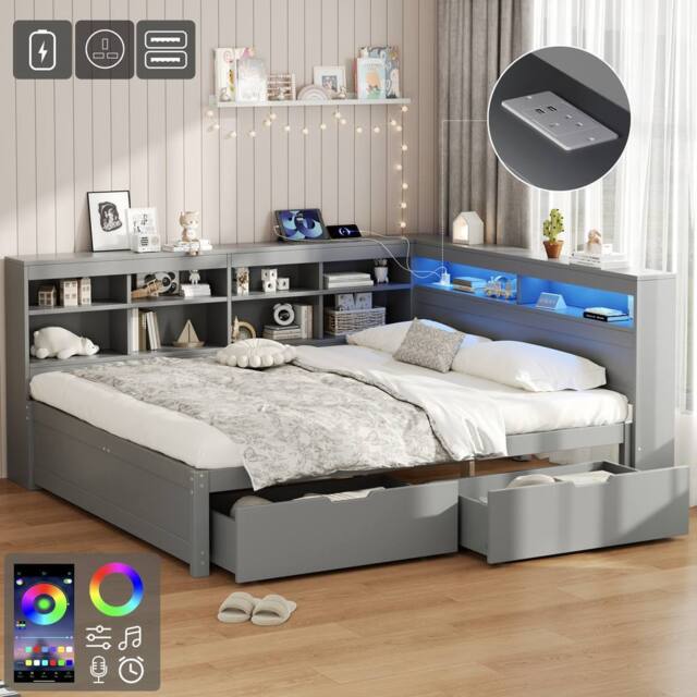 Matteo Grey Wood Double Daybed with LED, Storage & Charging Station - image 1