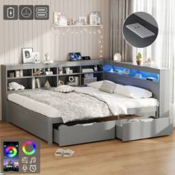 Matteo Grey Wood Double Daybed with LED, Storage & Charging Station - thumbnail 1