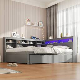 Matteo Grey Wood Double Daybed with LED, Storage & Charging Station - thumbnail 3