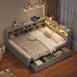 Matteo Grey Wood Double Daybed with LED, Storage & Charging Station - thumbnail 5