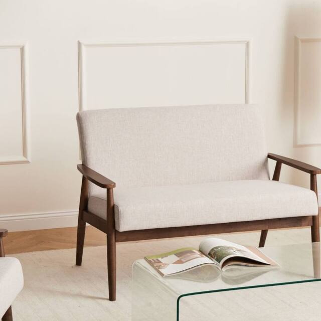Wyld and Coco Retro 2-Seater Sofa Beige and Dark Brown Polyester Wood Frame - image 1